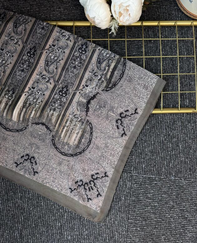 Etnik Floral Desenli Naturel İpek Şal -050607-Latte