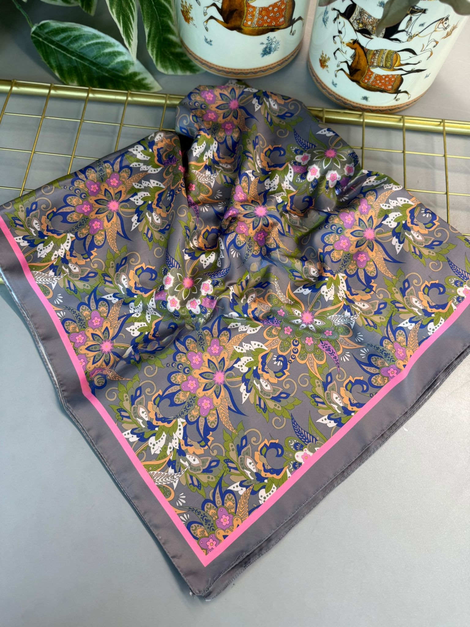 Mimoza Desen Vual İpek Eşarp-6203408-Saks