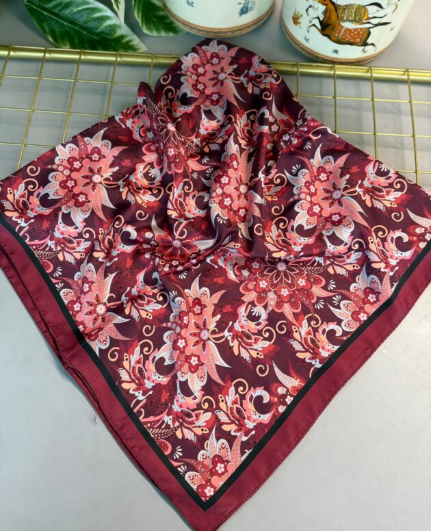 Mimoza Desen Vual İpek Eşarp-6203408-Vişne