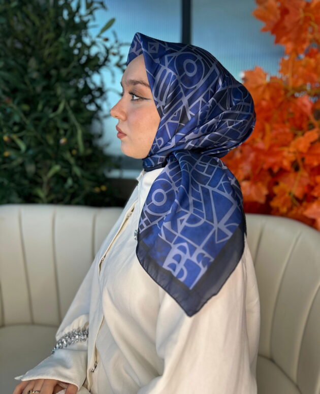 Oxxo Desen Vual İpek Eşarp -6203662-Gece Mavi