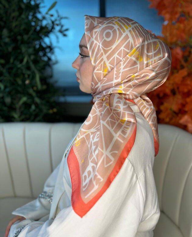 Oxxo Desen Vual İpek Eşarp -6203662-Sütlü Kahve