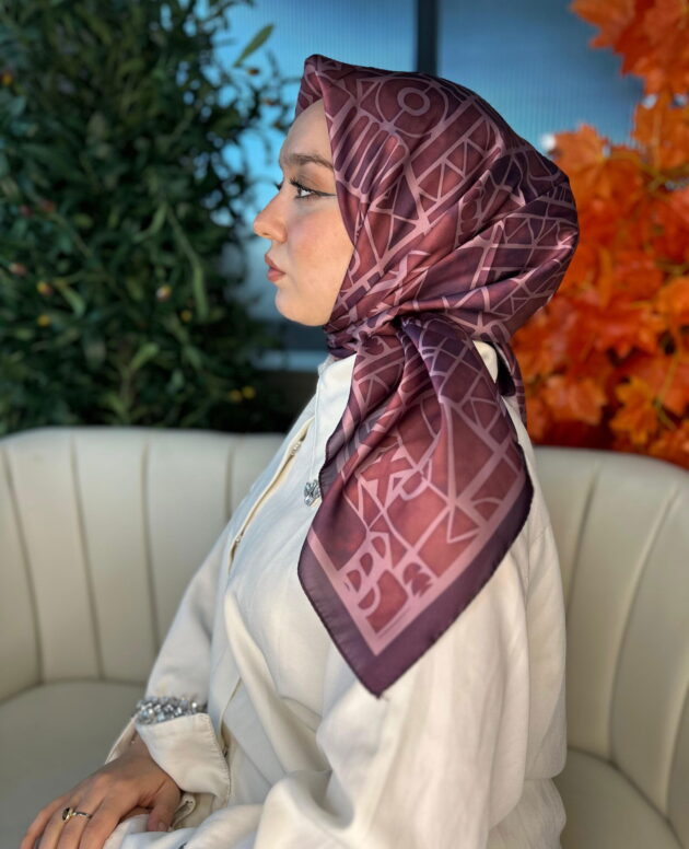 Oxxo Desen Vual İpek Eşarp -6203662-Koyu Mürdüm