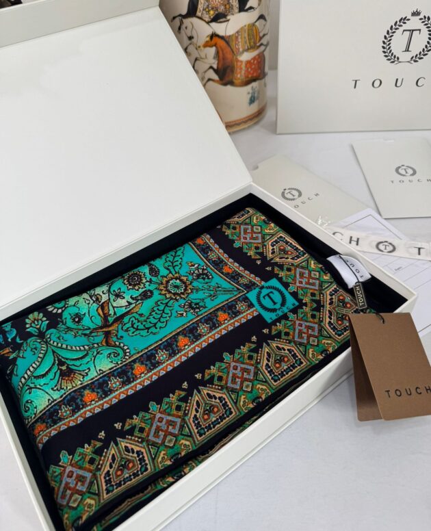Touch İthal Etnik Desen Yün İpek Şal-34770 -Zümrüt siyah