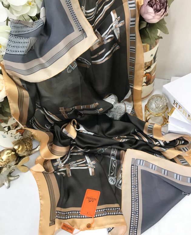 Hermes İthal Çifttaraflı Vual İpek şal-19050 Kahve gold