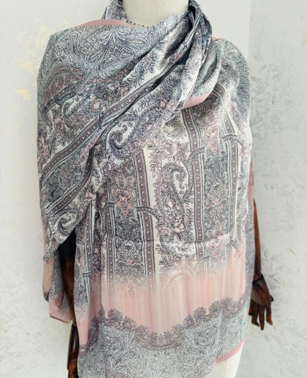 Etro Marka Yeni Sezon İthal Etnik Desen Vual İpek Şal - Pudra