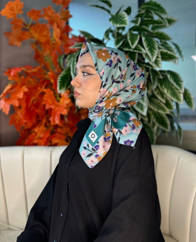 Bahar Desen Pamuk İpek Eşarp-13001-Su yeşili