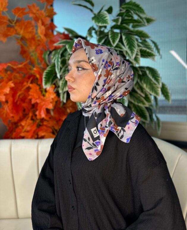 Bahar Desen Pamuk İpek Eşarp-13001-Gri