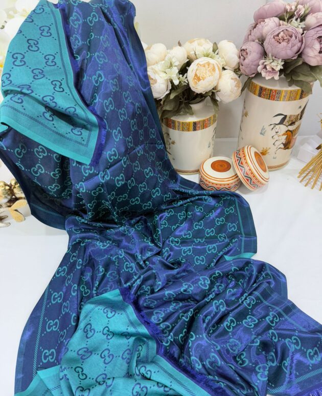 G Desen İpek Jakar Çift Renk Şal - Petrol