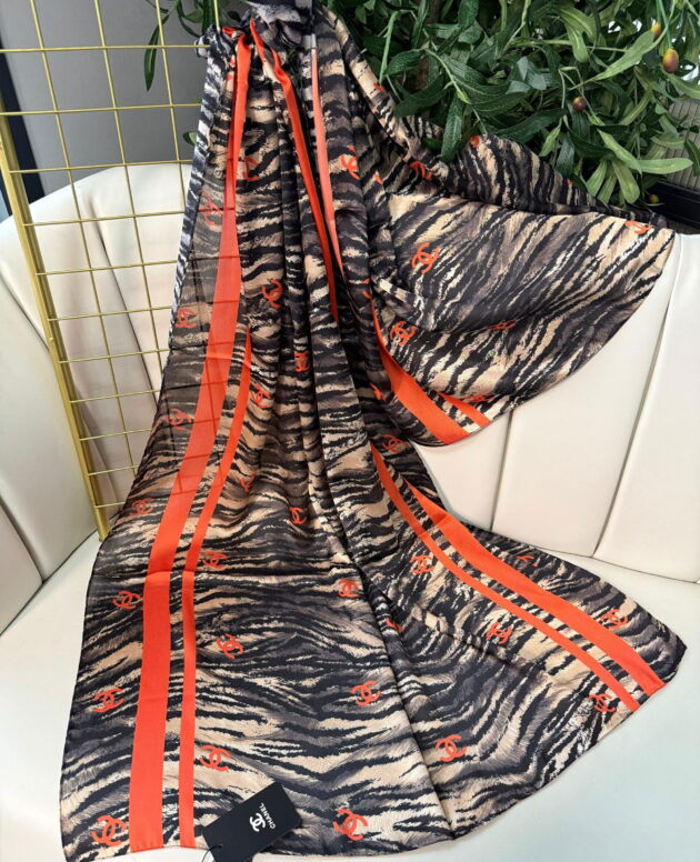 Channel Çizgili leopar çifttaraflı vual ipek şal-43080 Turuncu