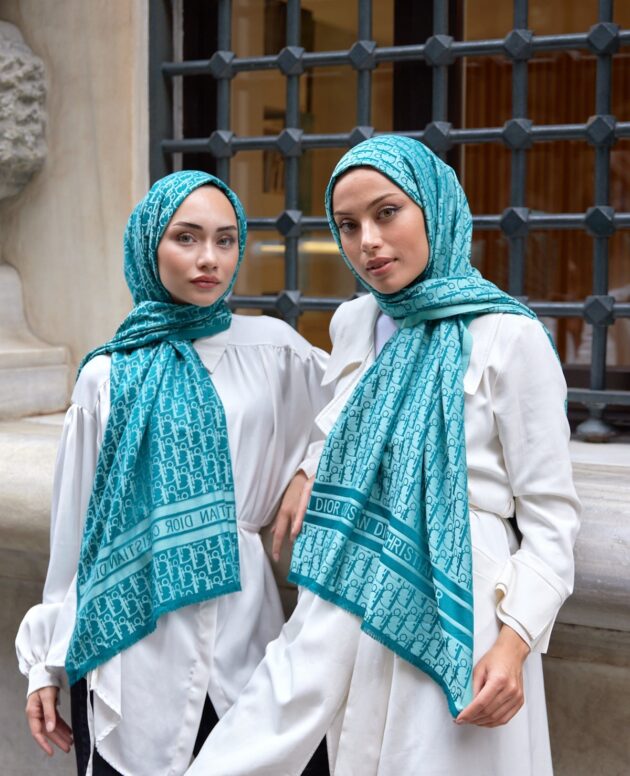 Dior Desenli İpek Kaşmir Çift Taraflı Şal 78002 - Mint