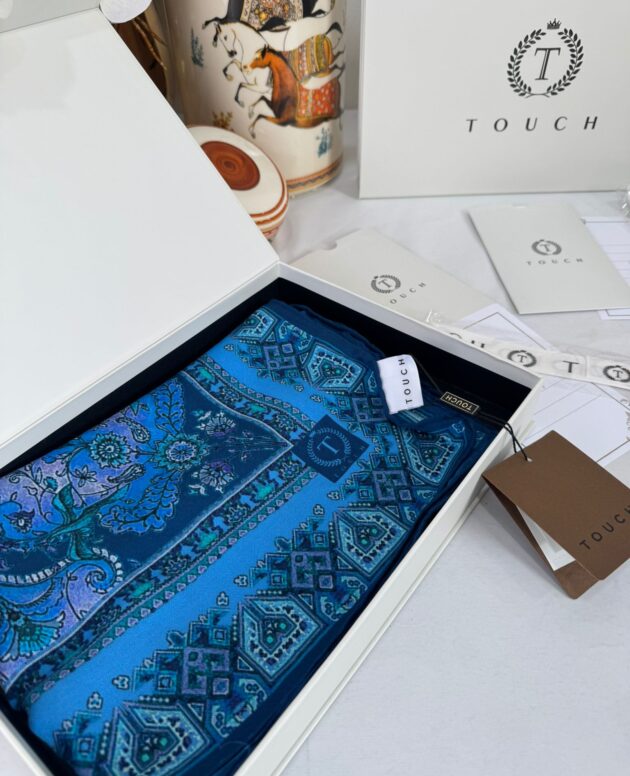 Touch İthal Etnik Desen Yün İpek Şal-34770 -Bebe Mavisi