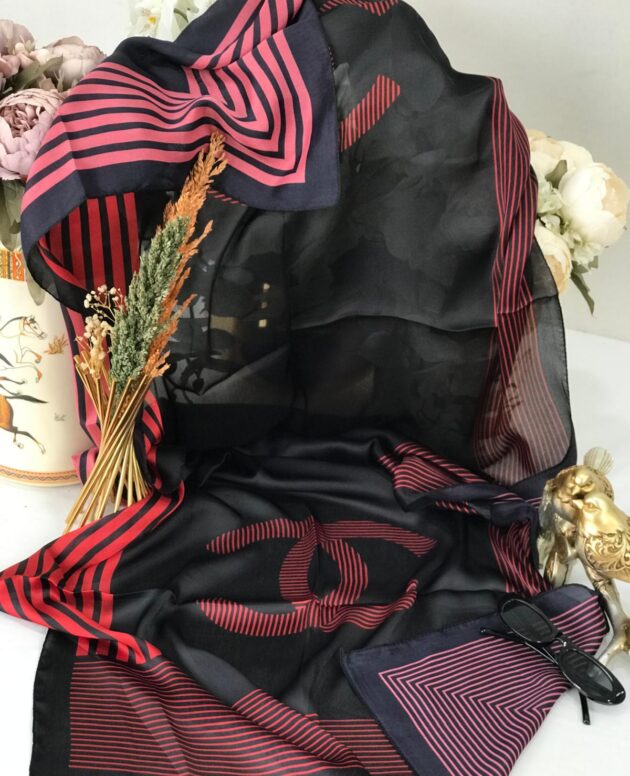 Chanel Çift Taraflı Vual İpek Şal -siyah bordo