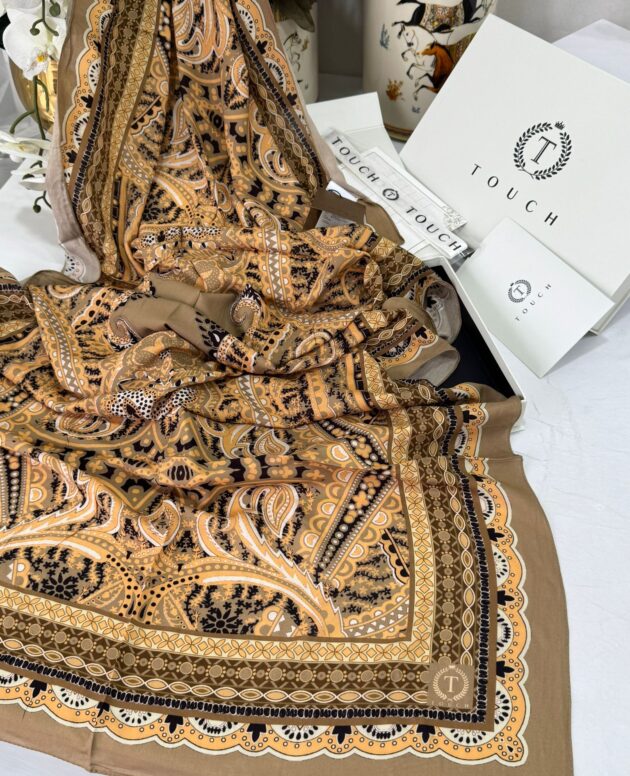 Touch İthal Etnik Desen Pamuk İpek Şal 63460- Vizon