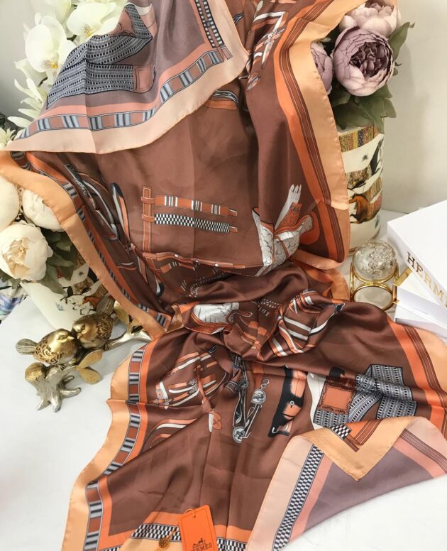 Hermes İthal Çifttaraflı Vual İpek şal-19050 Açık kahve