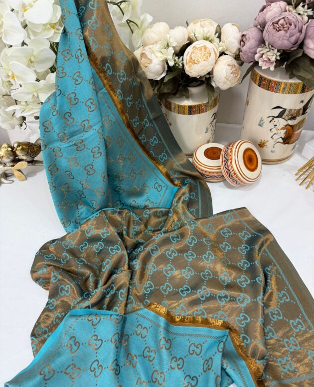 G Desen İpek Jakar Çift Renk Şal - Mint-Vizon