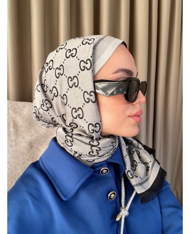 G Desenli İpek Kaşmir Çift Taraflı Şal 78003 440344 - Gri-siyah