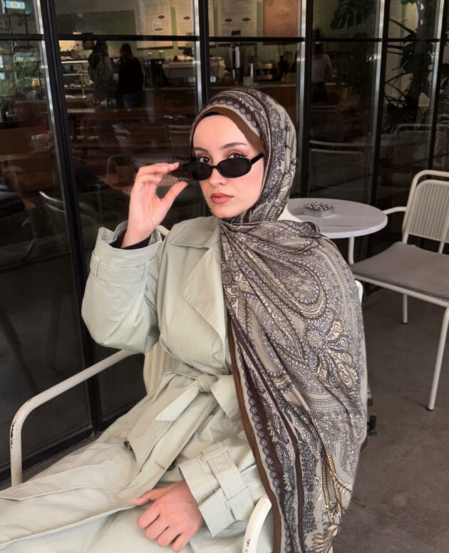 Touch İthal Etnik Desen Yün İpek Şal- Tarçın-Haki