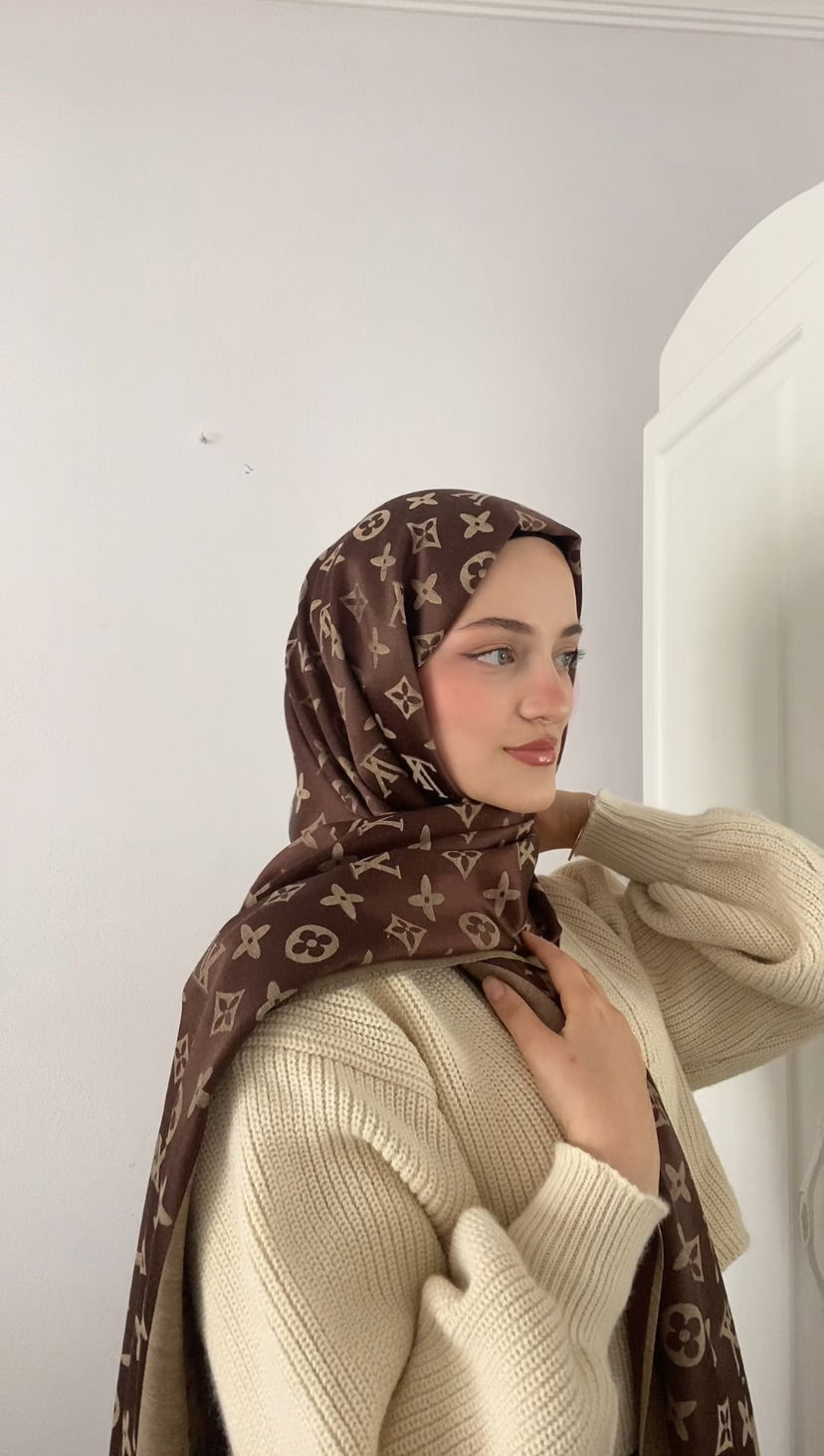 İthal Lv Pamuk Yün İpek Şal 49104 - Kahve - Görsel 2