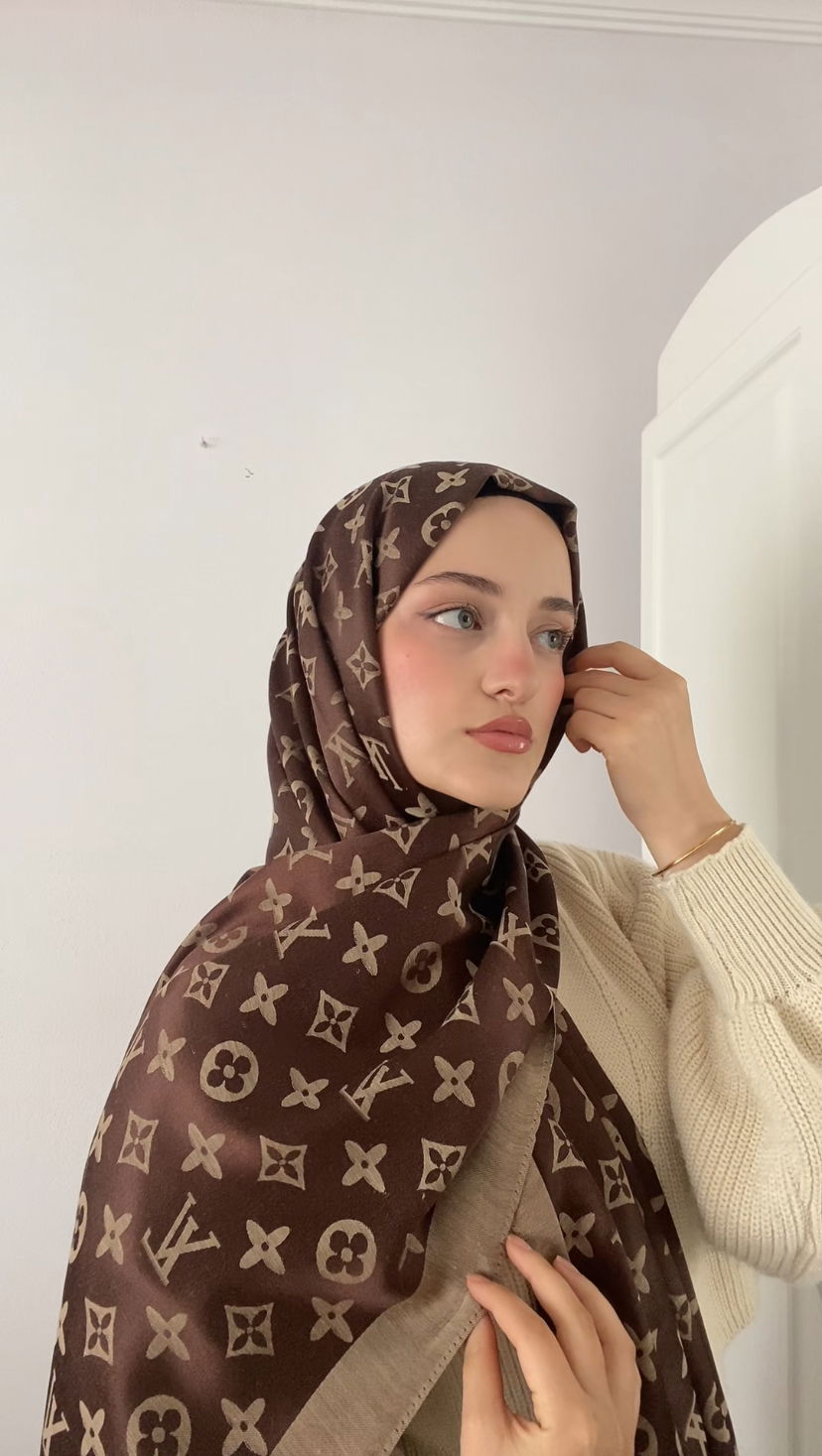 İthal Lv Pamuk Yün İpek Şal 49104 - Kahve