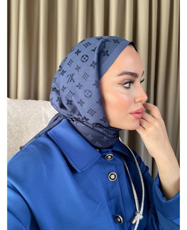 Lv Desenli İpek Kaşmir Çift Taraflı Şal- Lacivert