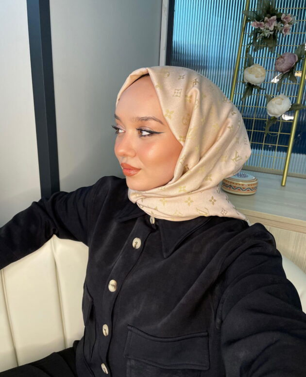 Lv Desenli İpek Kaşmir Çift Taraflı Şal - Pudra