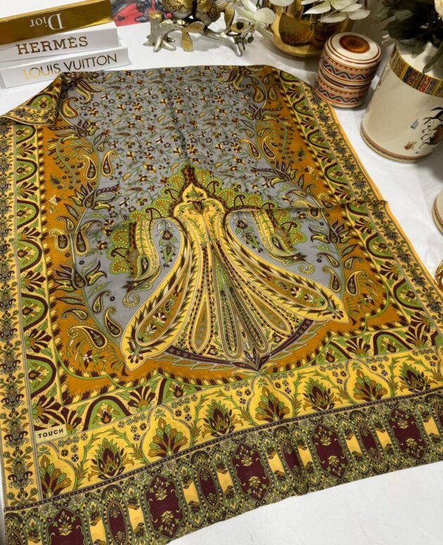 etnik hint deseni pamuk ipek şal -313131 sarı/gri